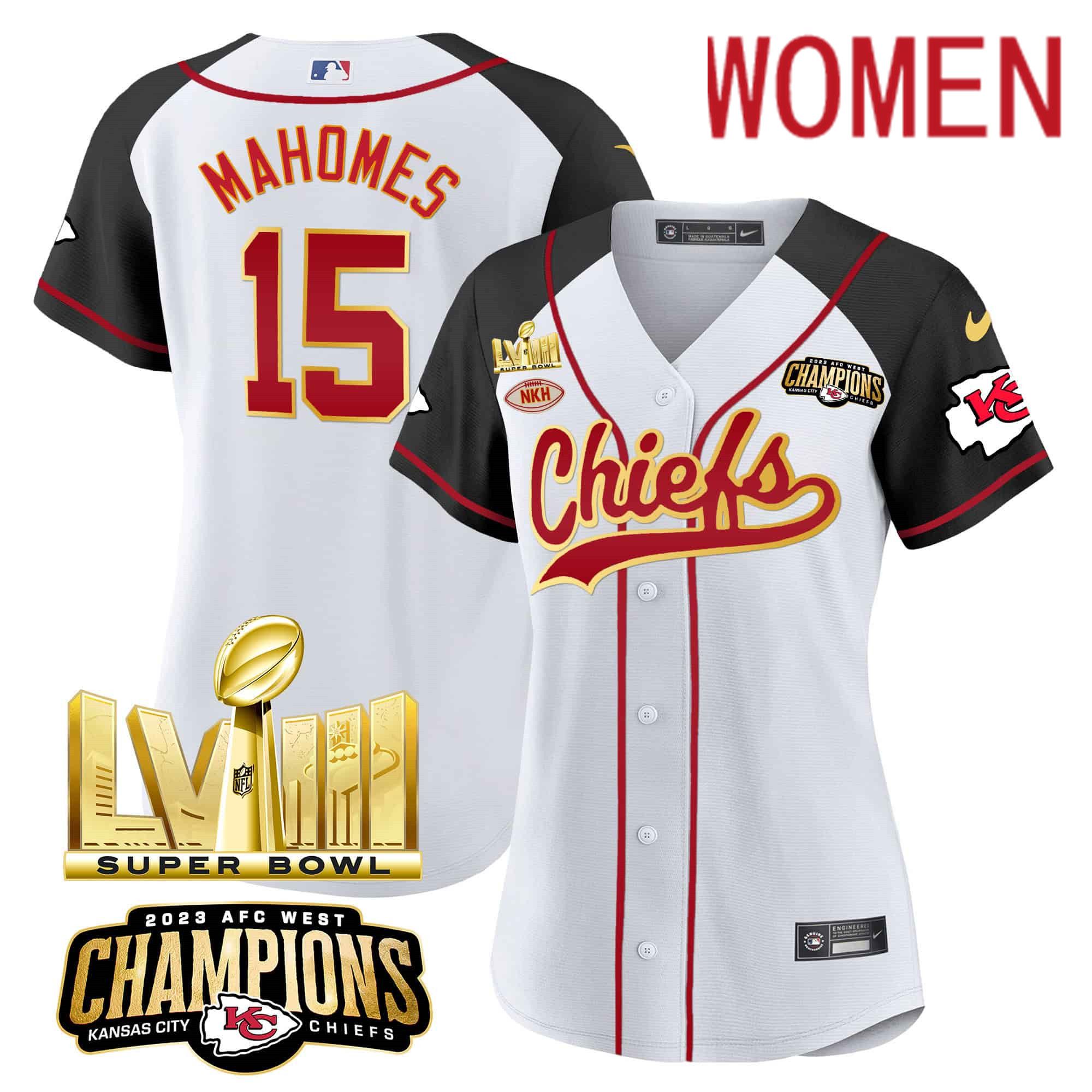 Women Kansas City Chiefs #15 Mahomes White 2024 Nike Super Bowl LVIII Back-2-Back Gold Patch Baseball NFL Jersey style 1